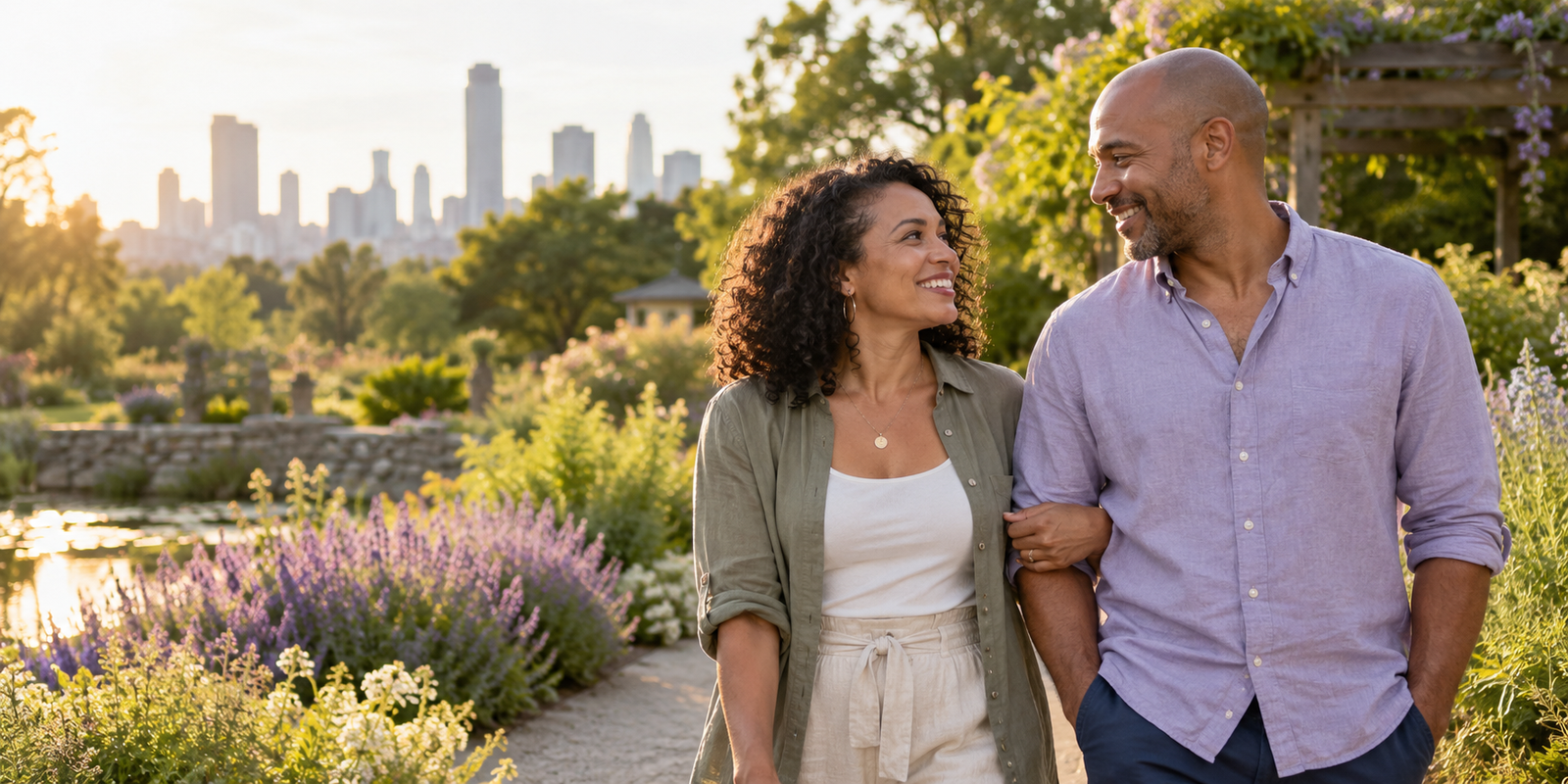 An adult couple walking together in a sunlit garden